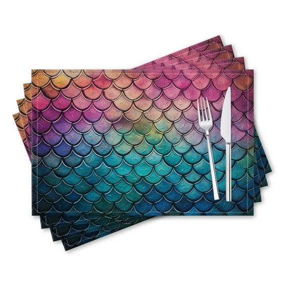 BaHomeck placemats Set of 4 rectangle Linen Cotton Placemats for Dining Table Washable Heat Resistant,18*12inch,Merfolk Scale Texture Pattern