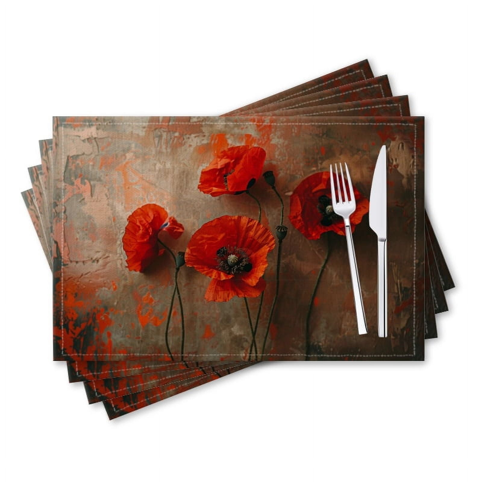 BaHomeck placemats Set of 4 rectangle Linen Cotton Placemats for Dining Table Washable Heat Resistant,18*12inch,Red Poppies On Brown Wall