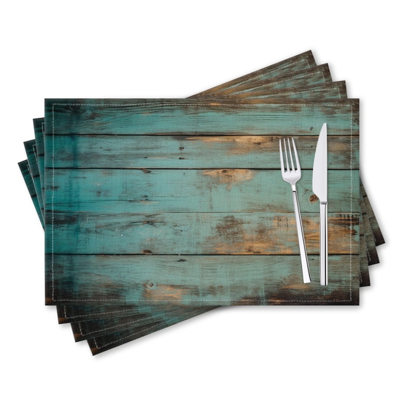BaHomeck placemats Set of 4 rectangle Linen Cotton Placemats for Dining Table Washable Heat Resistant,18*12inch,Teal And Brown Rustic Wood