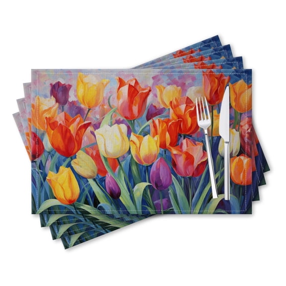 BaHomeck placemats Set of 4 rectangle Linen Cotton Placemats for Dining Table Washable Heat Resistant,18*12inch,Tulips In Full Bloom With The Petals