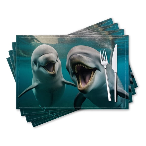 BaHomeck placemats Set of 4 rectangle Linen Cotton Placemats for Dining Table Washable Heat Resistant,18*12inch,Two Dolphins Laughing And Happy