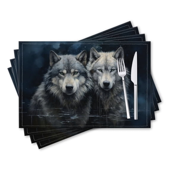 BaHomeck placemats Set of 4 rectangle Linen Cotton Placemats for Dining Table Washable Heat Resistant,18*12inch,Wolves With Gray And Silver Fur