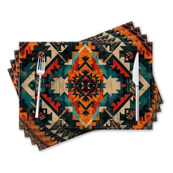 BaHomeck placemats Set of 4 rectangle Linen Cotton Placemats for Dining Table Washable Heat Resistant,Aztec Pattern Design With Boho Style,18*12inch