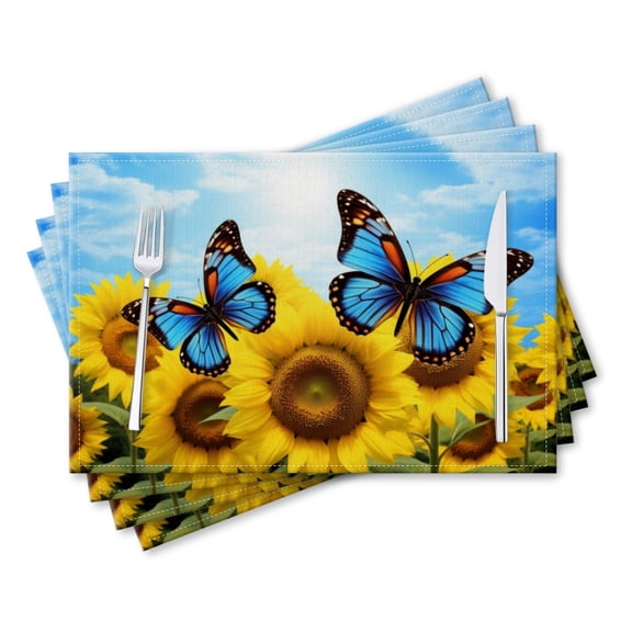 BaHomeck placemats Set of 4 rectangle Linen Cotton Placemats for Dining Table Washable Heat Resistant,Blue Butterflies With Sunflowers,18*12inch