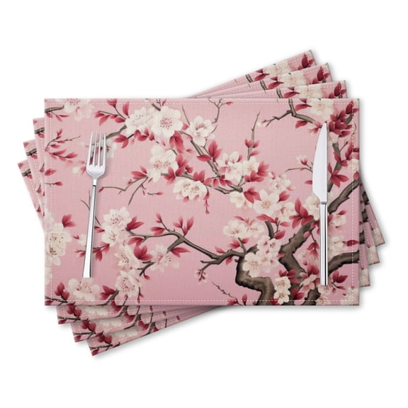 BaHomeck placemats Set of 4 rectangle Linen Cotton Placemats for Dining Table Washable Heat Resistant,Cherry Blossom Mural,18*12inch