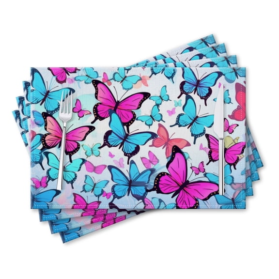 BaHomeck placemats Set of 4 rectangle Linen Cotton Placemats for Dining Table Washable Heat Resistant,Colorful Butterflies Flying,18*12inch