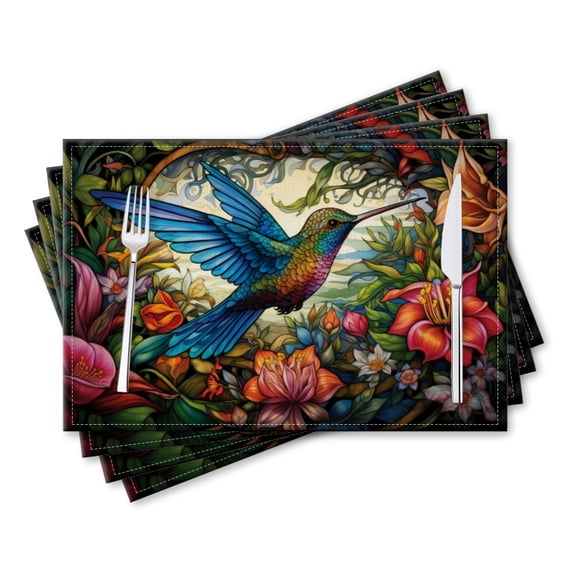 BaHomeck placemats Set of 4 rectangle Linen Cotton Placemats for Dining Table Washable Heat Resistant,Colorful Hummingbird In Flight,18*12inch