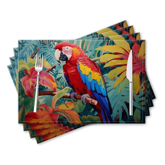 BaHomeck placemats Set of 4 rectangle Linen Cotton Placemats for Dining Table Washable Heat Resistant,Colorful Parrot Perched,18*12inch