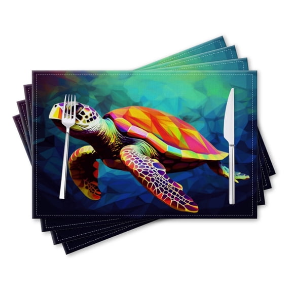 BaHomeck placemats Set of 4 rectangle Linen Cotton Placemats for Dining Table Washable Heat Resistant,Colorful Sea Turtle Art Style,18*12inch