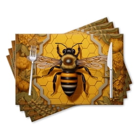 BaHomeck placemats Set of 4 rectangle Linen Cotton Placemats for Dining Table Washable Heat Resistant,Elegant Bee On Honeycomb,18*12inch