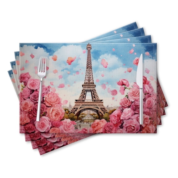 BaHomeck placemats Set of 4 rectangle Linen Cotton Placemats for Dining Table Washable Heat Resistant,Pink Roses And Rose Petals In The Sky,18*12inch