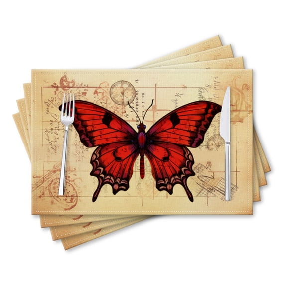 BaHomeck placemats Set of 4 rectangle Linen Cotton Placemats for Dining Table Washable Heat Resistant,Red Butterfly On Vintage Maps,18*12inch