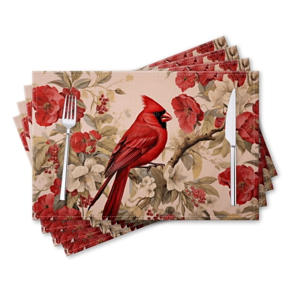 BaHomeck placemats Set of 4 rectangle Linen Cotton Placemats for Dining Table Washable Heat Resistant,Red Cardinal Bird Perched,18*12inch