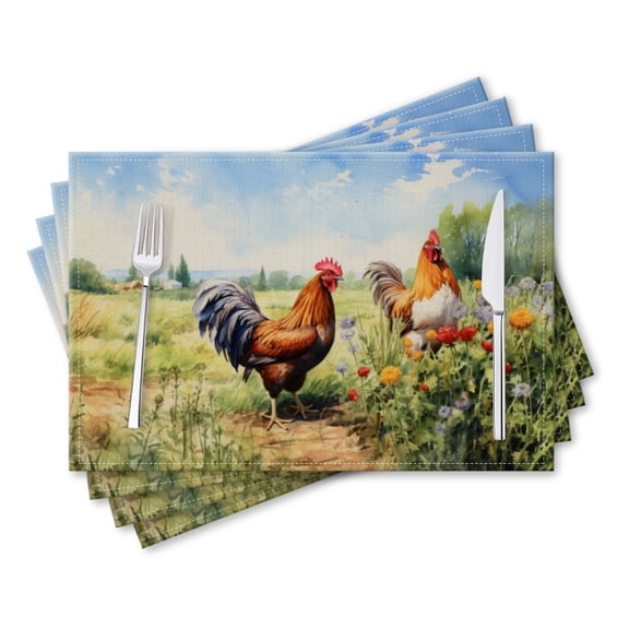 BaHomeck placemats Set of 4 rectangle Linen Cotton Placemats for Dining Table Washable Heat Resistant,Roosters In Field,18*12inch