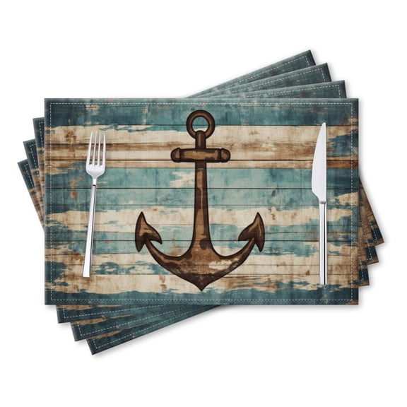 BaHomeck placemats Set of 4 rectangle Linen Cotton Placemats for Dining Table Washable Heat Resistant,Vintage Anchor On Wooden Background,18*12inch