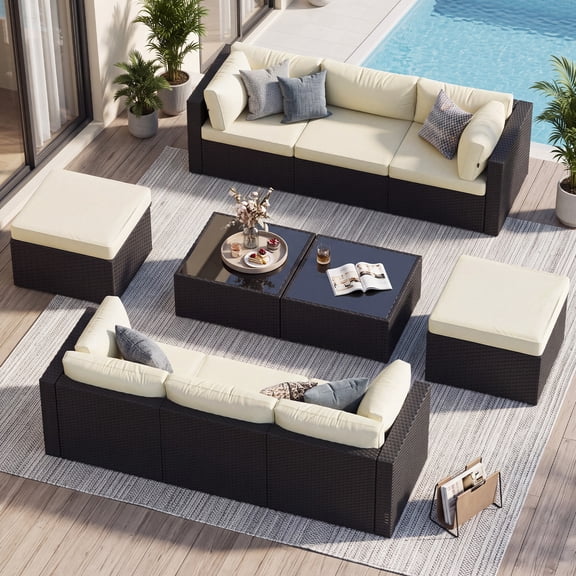 BaPiPro 10 Piece All-Weather PE Rattan Modular Outdoor Patio Furniture Set, Sectional Conversation Sofa with Thick Removable Cushions & Tempered Glass Coffee Table for Backyard Poolside Garden, Beige