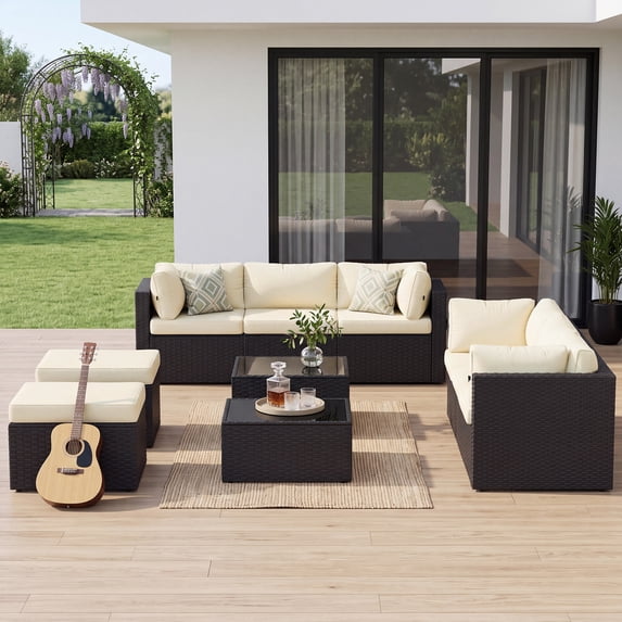 BaPiPro 10-Piece All-Weather PE Rattan Outdoor Patio Furniture Set, L ...