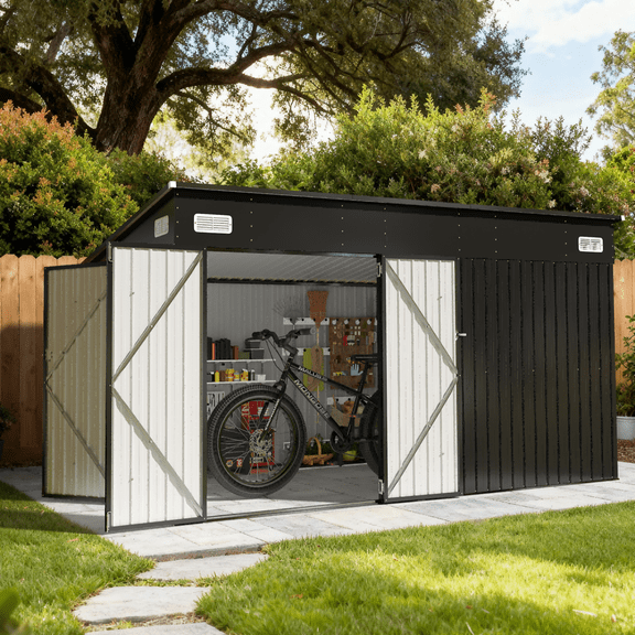 BaPiPro 12' x 8' Metal Outdoor Storage Shed, Tool Shed with Triple Lockable Door & Sloped Roof for Backyard & Patio, Black