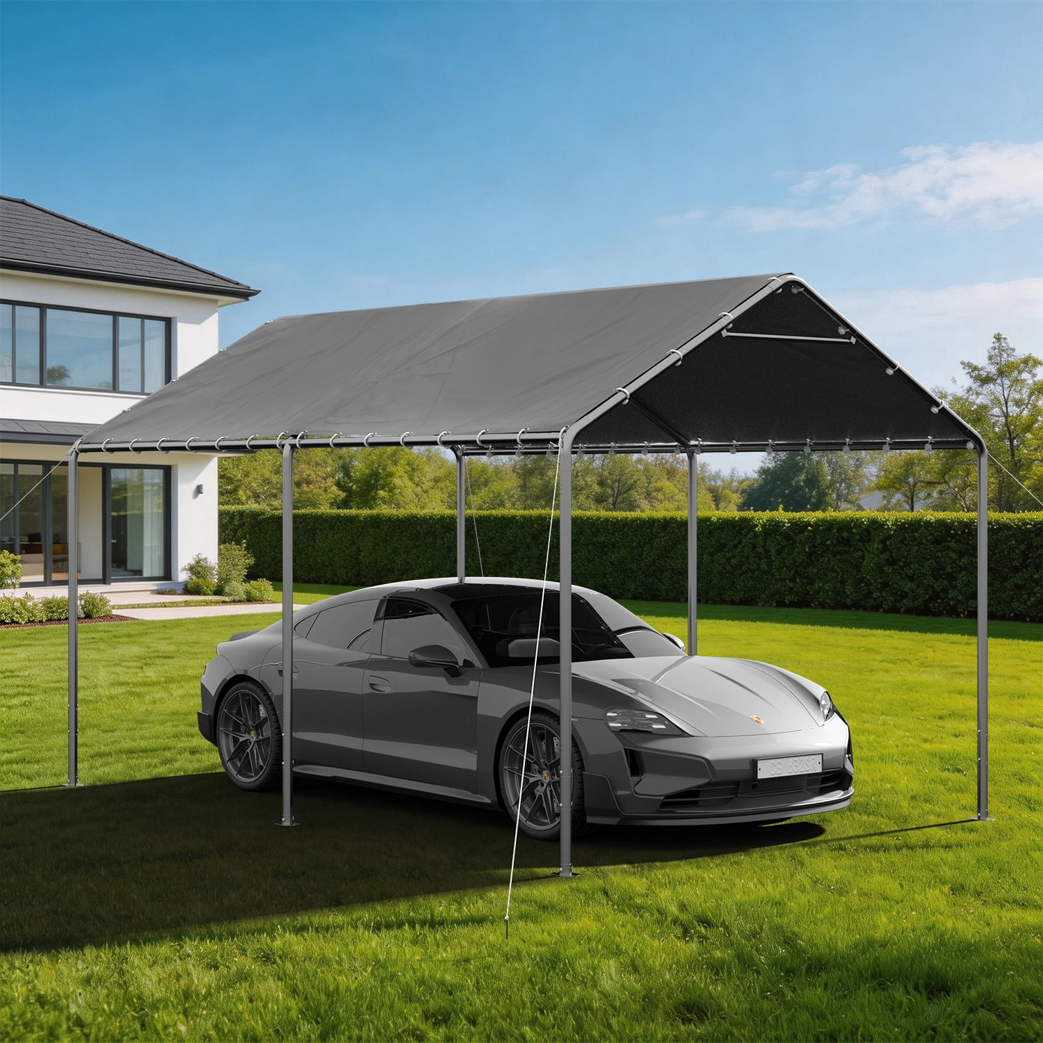 BaPiPro 10' x 15' Gray Gable Roof Carport Canopy, Heavy-Duty Galvanized Steel, Waterproof UV-Resistant PE Tent with Adjustable Height, 7-Level Wind Resistance for Car, Boat and Patio Storage