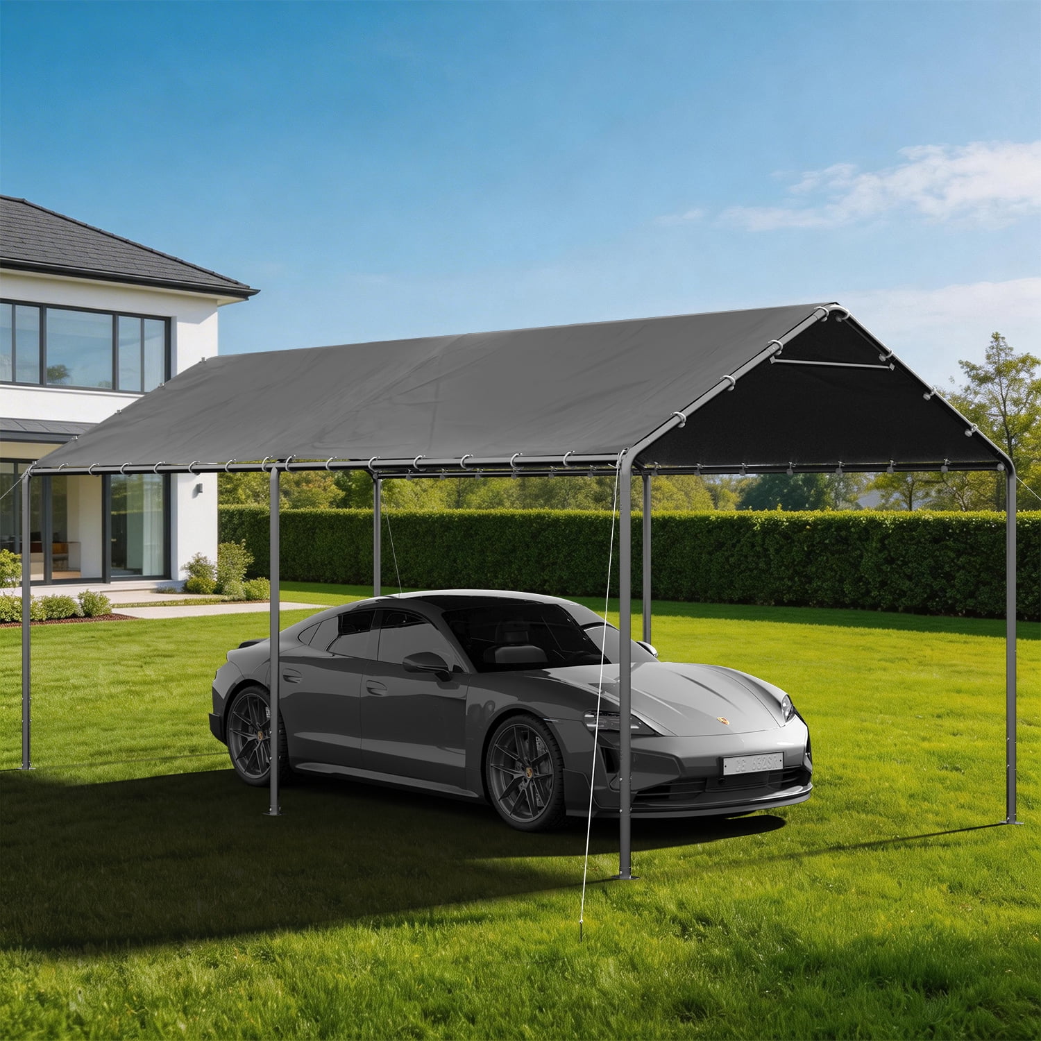 BaPiPro 10' x 20' Gray Gable Roof Carport Canopy, Heavy-Duty Galvanized Steel, Waterproof UV-Resistant PE Tent with Adjustable Height, 7-Level Wind Resistance for Car, Boat and Patio Storage