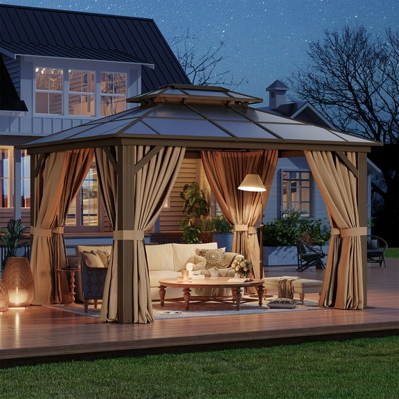 BaPiPro 10'x12' Hardtop Gazebo, Heavy Duty Aluminum Frame Double Polycarbonate Roof with Netting & Side Curtains, Outdoor Patio Garden Shelter, Brown
