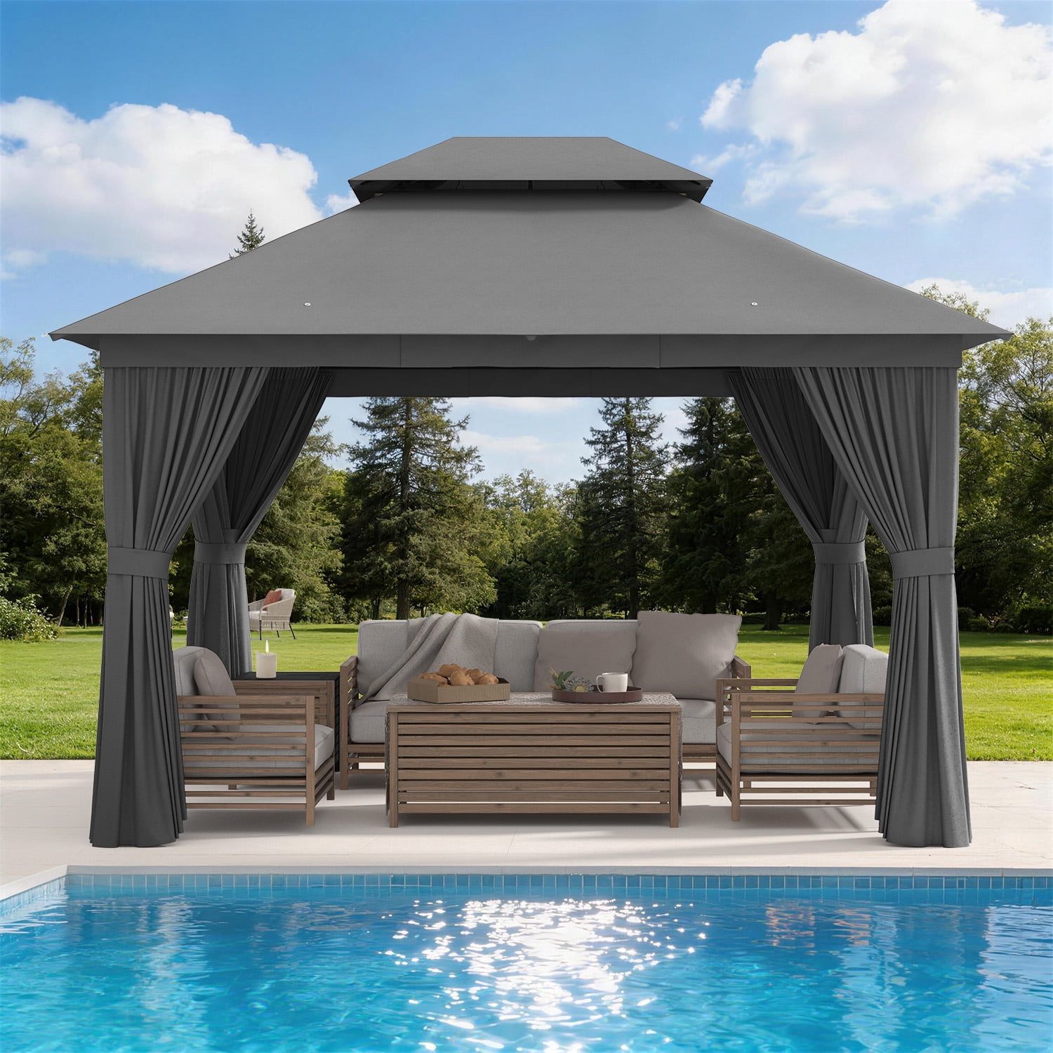 BaPiPro 10'x12' Patio Gazebo, Heavy Duty Double Roof Outdoor Canopy Tent, Mosquito Netting & Sidewall Curtains Included, UV/Wind Resistant Shelter for Garden, Deck, Backyard (Gray)
