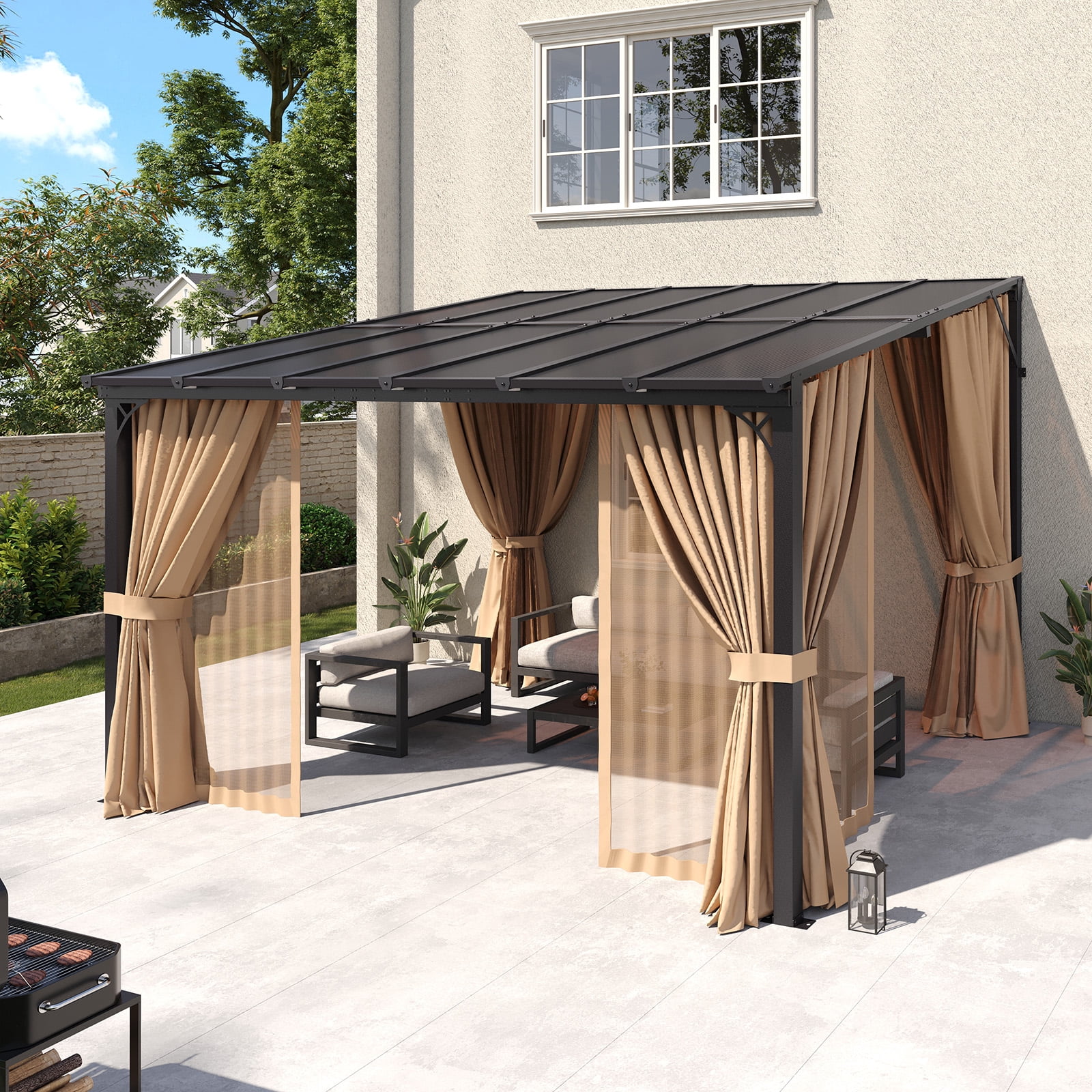 BaPiPro 10‘x12’ Wall-Mount Patio Gazebo – Polycarbonate Hardtop Roof, Mosquito Netting & Privacy Curtains