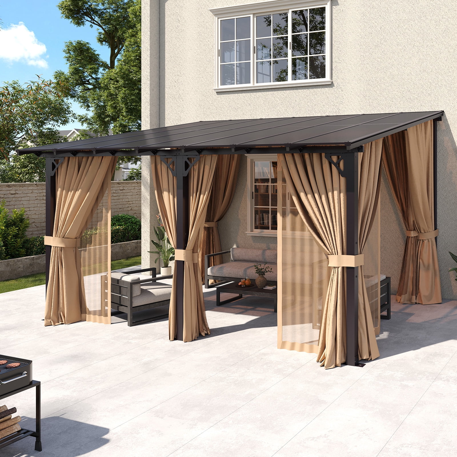 BaPiPro 10‘x14’ Wall-Mount Patio Gazebo – Polycarbonate Hardtop Roof, Mosquito Netting & Privacy Curtains