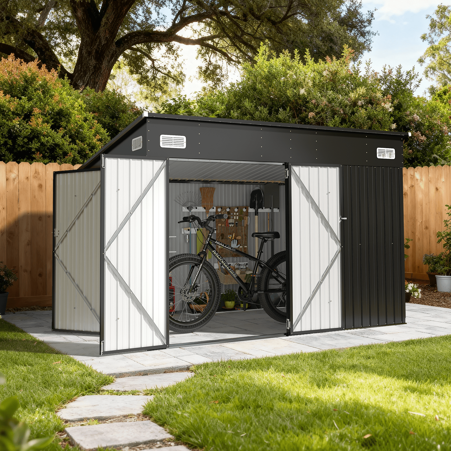 BaPiPro 10'x8' Heavy Duty Metal Storage Shed, Large Outdoor Storage with Lockable Triple Doors & Vents, Lean-to Tool Shed for Garden, Backyard, Patio - Black