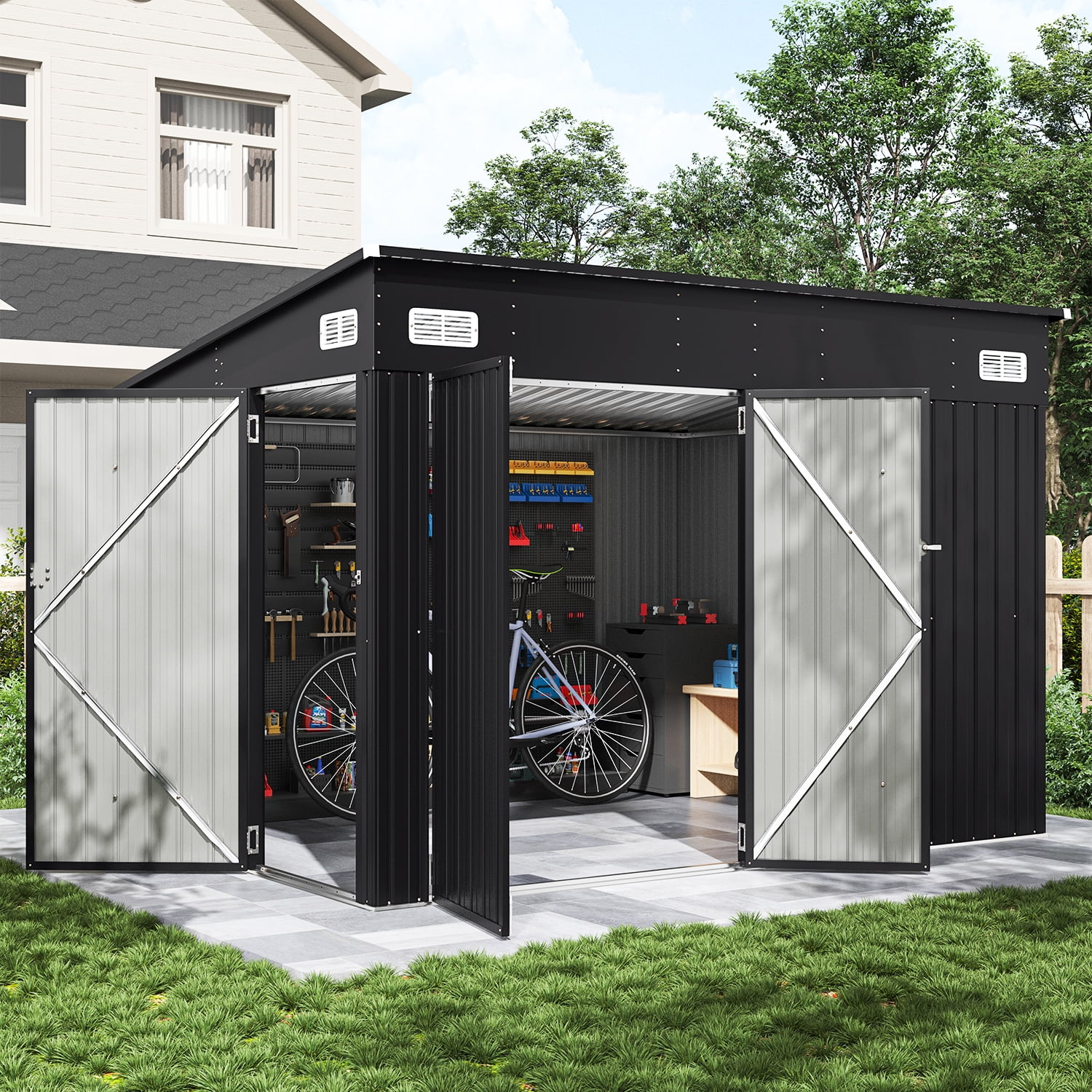 BaPiPro 10'x8' Lean-to Metal Storage Shed, Outdoor Lockable Shed