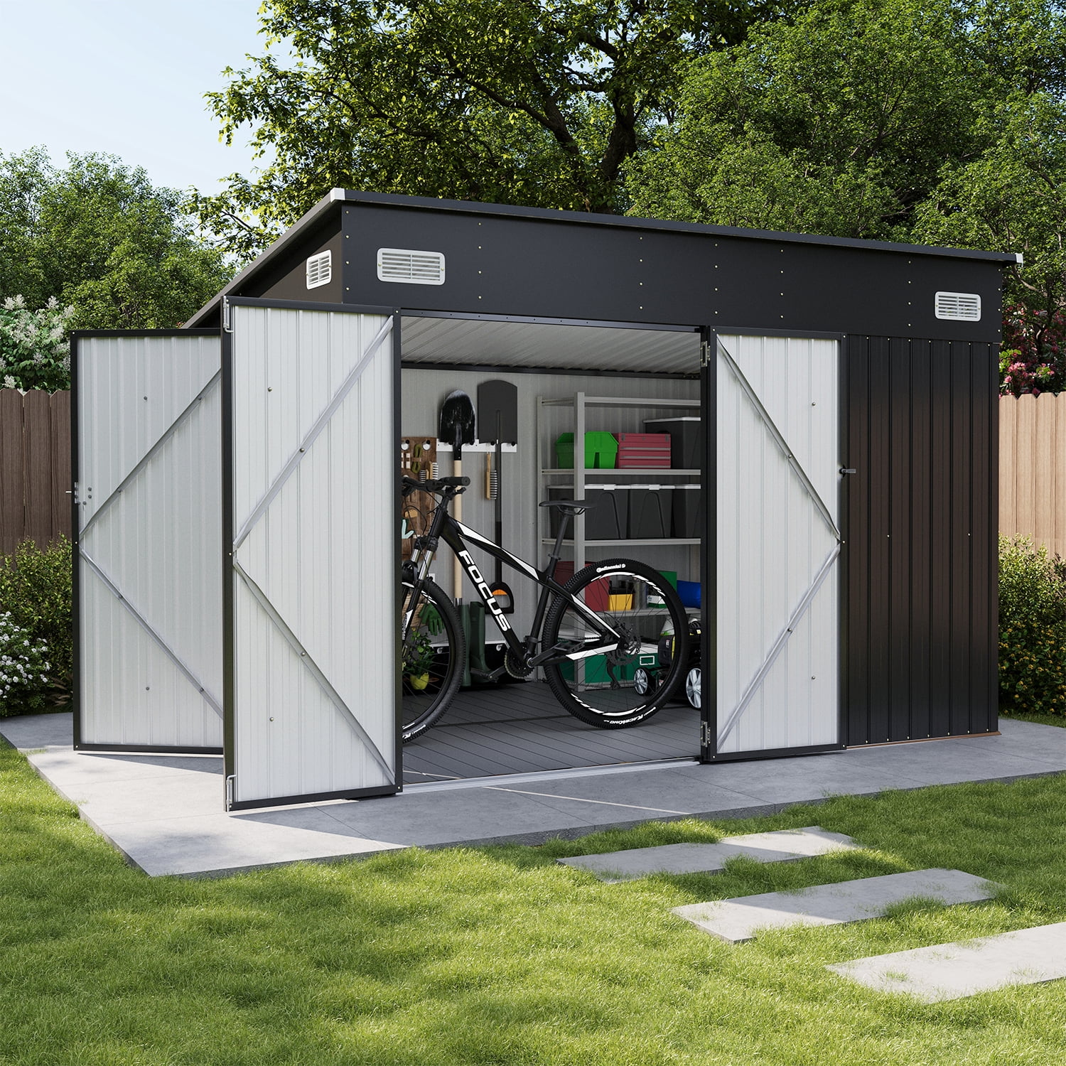 BaPiPro 10'x8' Lean-to Metal Storage Shed with Floor, Outdoor Lockable Shed with Triple Doors & Vents for Garden, Backyard, Patio - Black