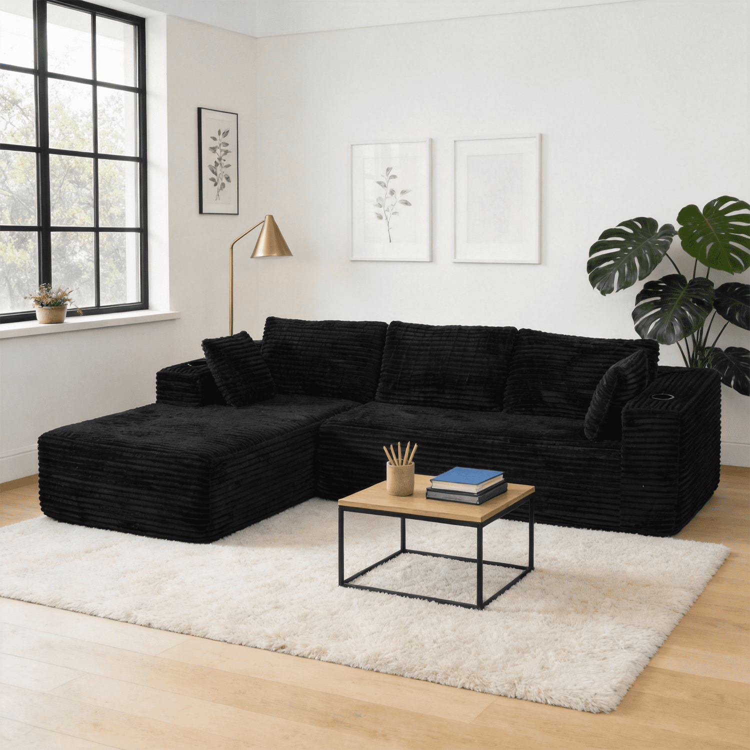 BaPiPro 105.5" L-Shaped Boneless Corduroy Cloud Sofa, Deep Chaise w/ Cup Holders & Wide Arms, Detachable Washable Cover, No Assembly Floor Couch for Living Room & Apt, Black