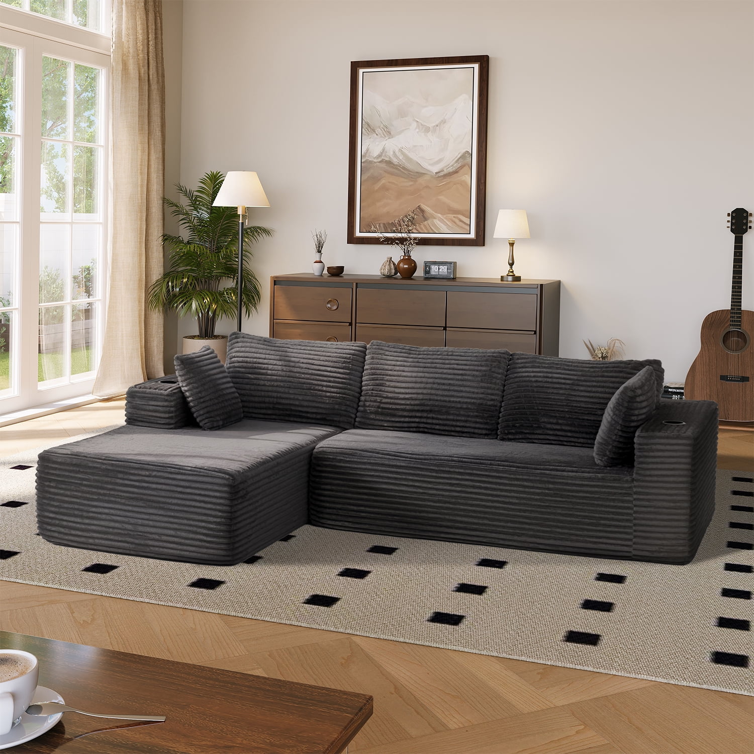 BaPiPro 105.5" L-Shaped Boneless Corduroy Cloud Sofa, Deep Chaise w/ Cup Holders & Wide Arms, Detachable Washable Cover, No Assembly Floor Couch for Living Room & Apt, Dark Gray