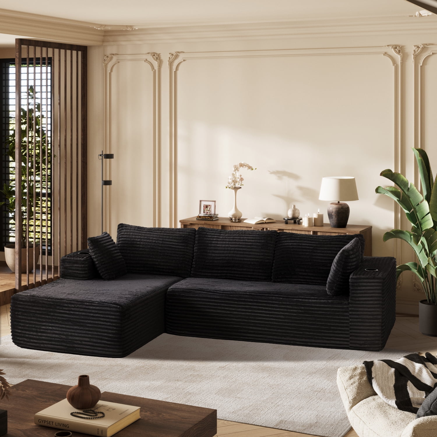 BaPiPro 106" Soft Corduroy Convertible Sectional Sofa, L-Shaped Modular Sectional Couch with Deep Seat for Living Room, Cloud Oversized Upholstered Sleeper Sofa, No Assembly Required, Black