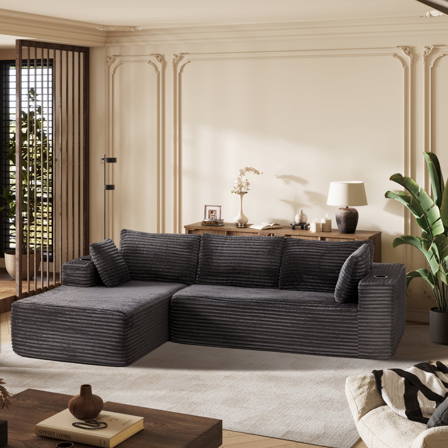 BaPiPro 106" Soft Corduroy Convertible Sectional Sofa, L-Shaped Modular Sectional Couch with Deep Seat for Living Room, Cloud Oversized Upholstered Sleeper Sofa, No Assembly Required, Dark Gray