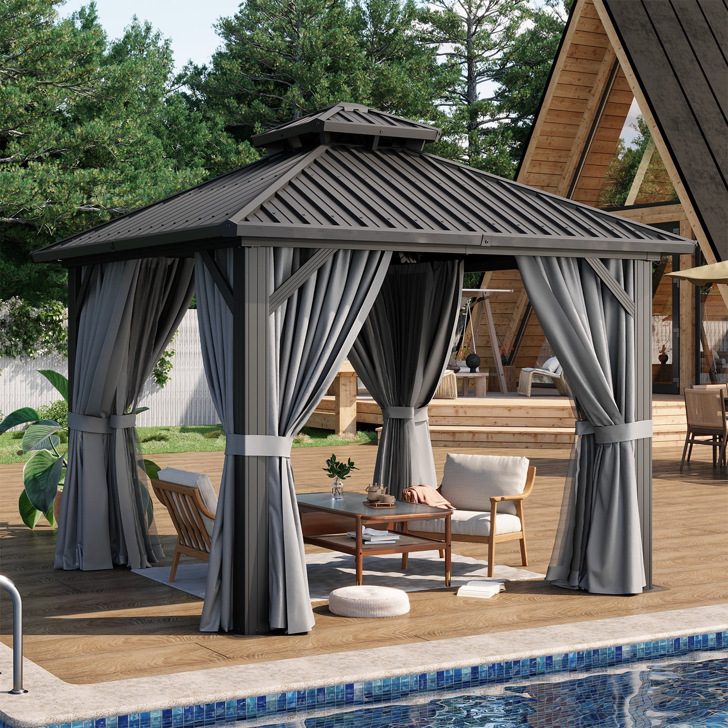 BaPiPro 10x10 FT Permanent Outdoor Gazebo – Aluminum Frame with Double Roof, Includes Curtains & Netting, Ideal for Patio, Lawn, and Garden,Gray