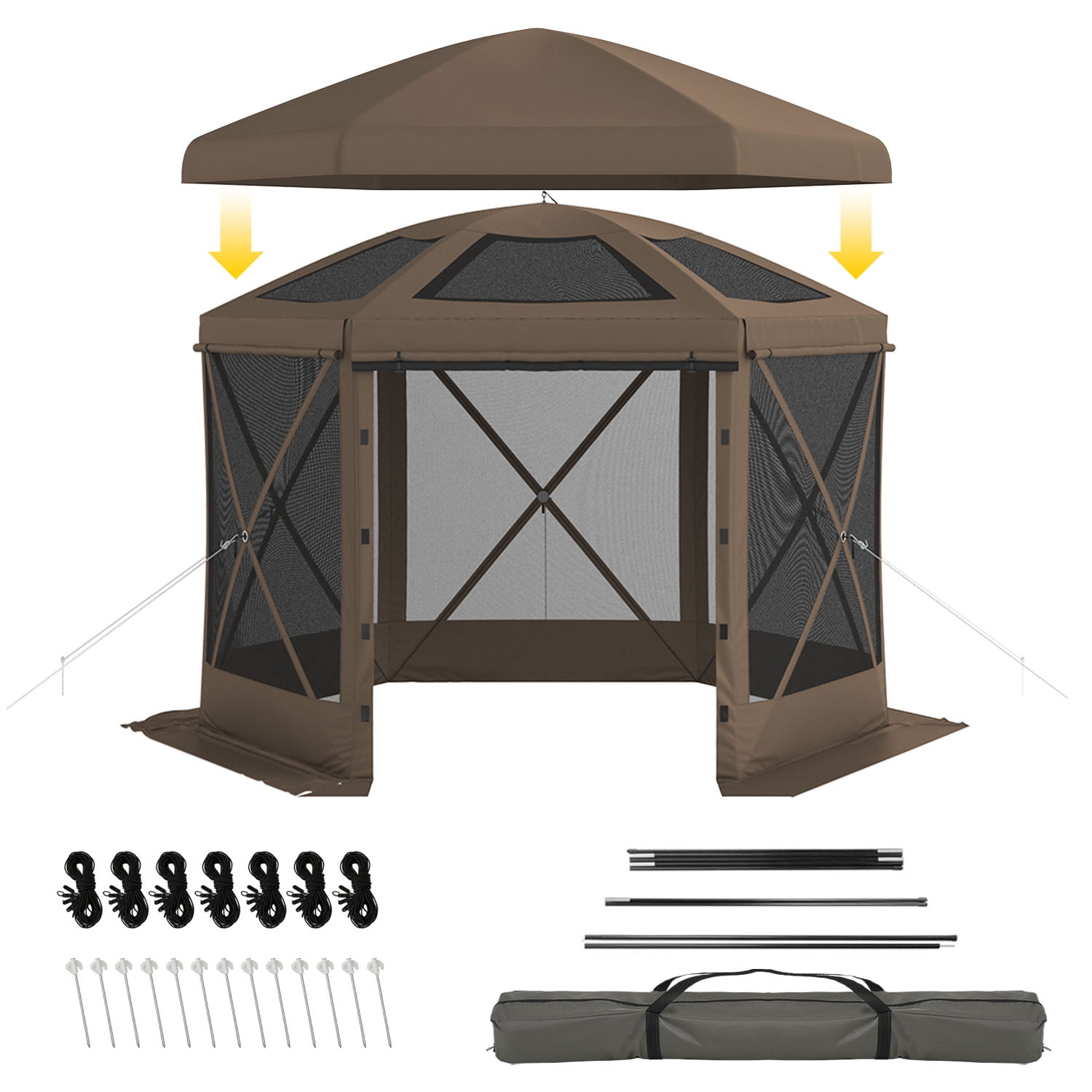BaPiPro 10x10 FT Pop Up Gazebo with Removable Top for Stargazing, Outdoor Screen House with Sidewalls & Netting, Waterproof Canopy Tent for Patio, Backyard, Camping, Brown