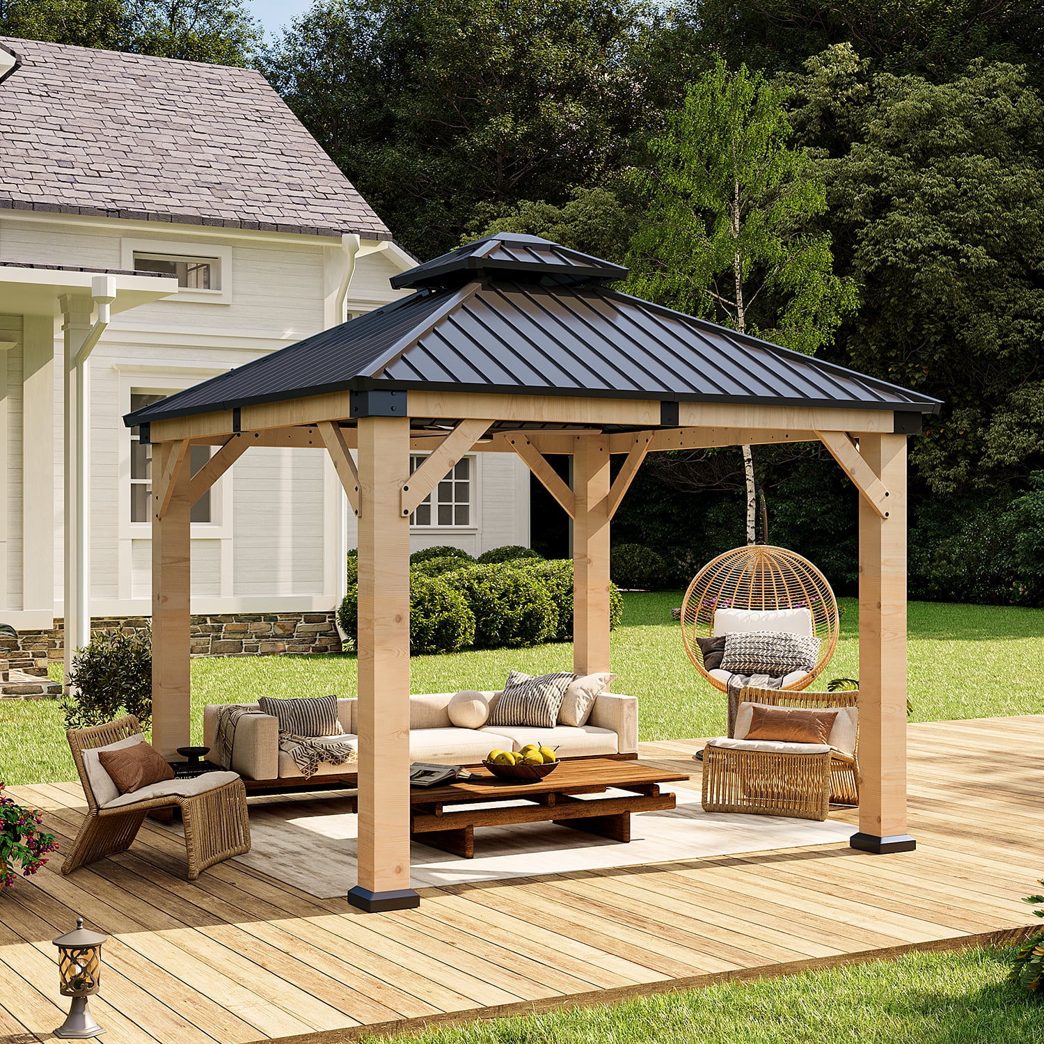BaPiPro 10x10FT Double Roof Hardtop Wooden Gazebo Quick-Assembly Canopy for Patio Garden, Light Gray