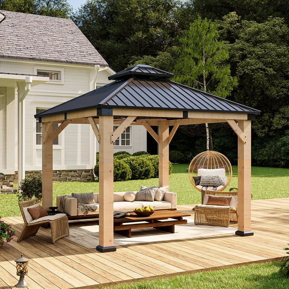 BaPiPro 10x10FT Double Roof Hardtop Wooden Gazebo Quick-Assembly Canopy for Patio Garden, Light Gray