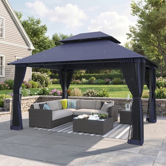 BaPiPro 10x12 FT Patio Gazebo with Double-Layer Roof & Mosquito Netting, Heavy-Duty Metal Frame Canopy for Outdoor, Garden, Deck, and Backyard, Blue
