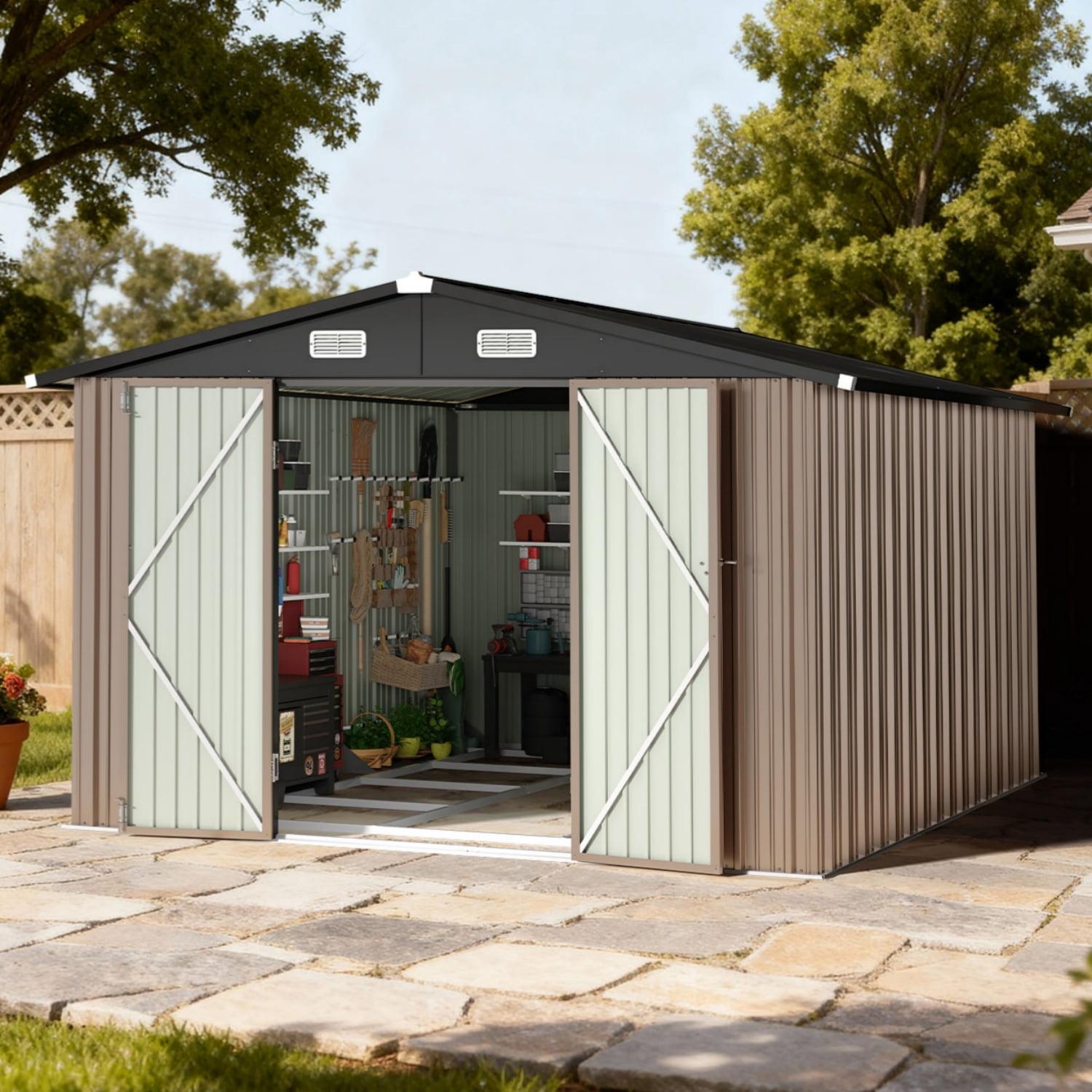 BaPiPro 10x12FT Outdoor Metal Storage Shed with Base Frame Kit & Lockable Doors, Heavy Duty Garden Tool Shed Bicycle Shed, Black