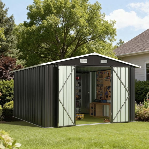BaPiPro 10x12 ft Metal Storage Shed with Double Lockable Doors, Outdoor Storage Garden Tool Shed Bicycle Shed for Patio Backyard, Black