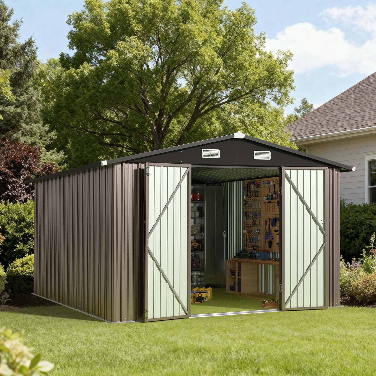 BaPiPro 10x12 ft Metal Storage Shed with Double Lockable Doors, Outdoor Storage Garden Tool Shed Bicycle Shed for Patio Backyard, Brown