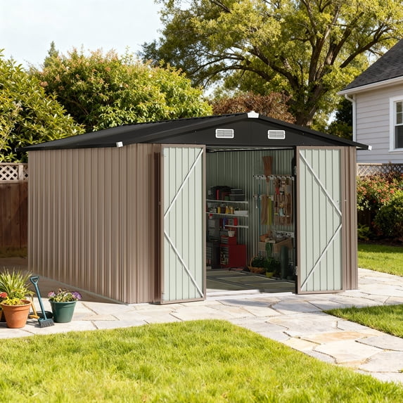 BaPiPro 10x12 ft Outdoor Metal Storage Shed with Base - Lockable Door & Waterproof, for Tools, Garden Equipment/Bikes, Brown