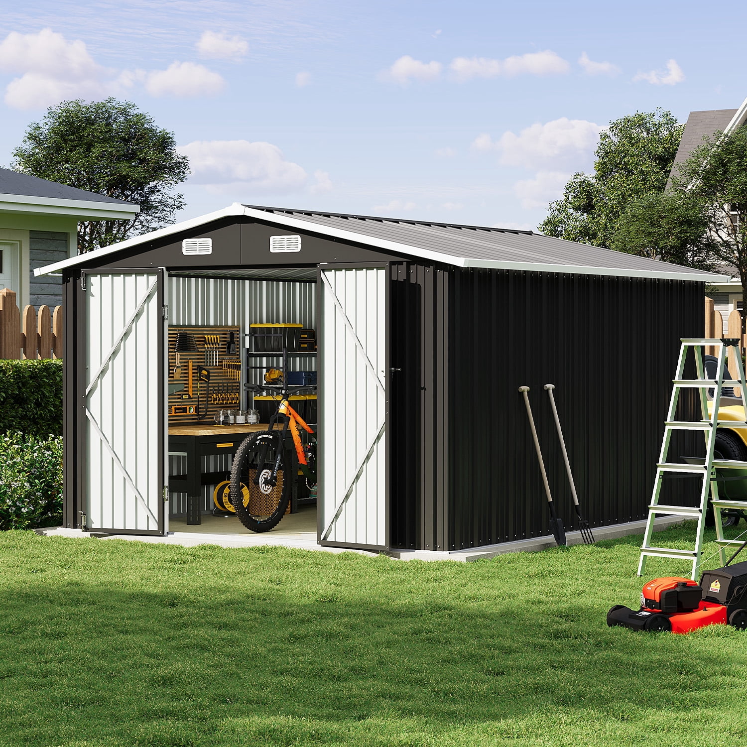 BaPiPro 10x12FT Outdoor Metal Storage Shed with Lockable Doors, Garden Tool Shed Bicycle Shed, Black