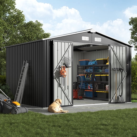 BaPiPro 10x8 ft Outdoor Metal Storage Shed, Heavy Duty Garden Tool Shed with Lockable Doors for Patio, Backyard, Black