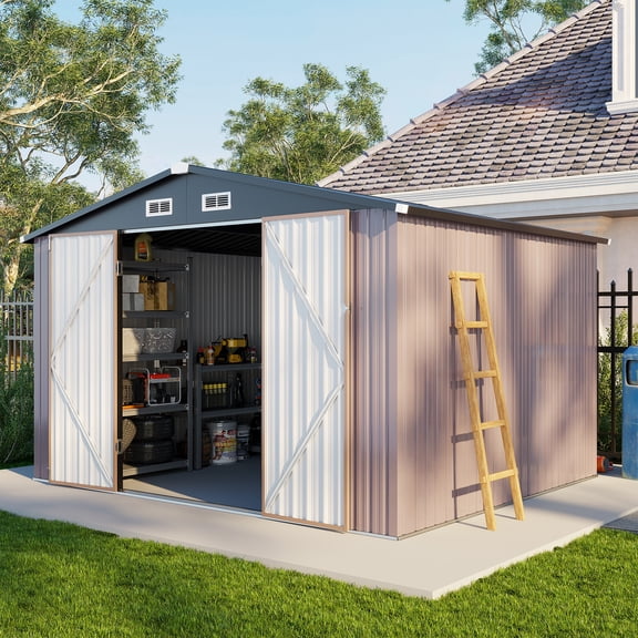 BaPiPro 10x8 ft Outdoor Metal Storage Shed, Heavy Duty Garden Tool Shed with Lockable Doors for Patio, Backyard, Brown