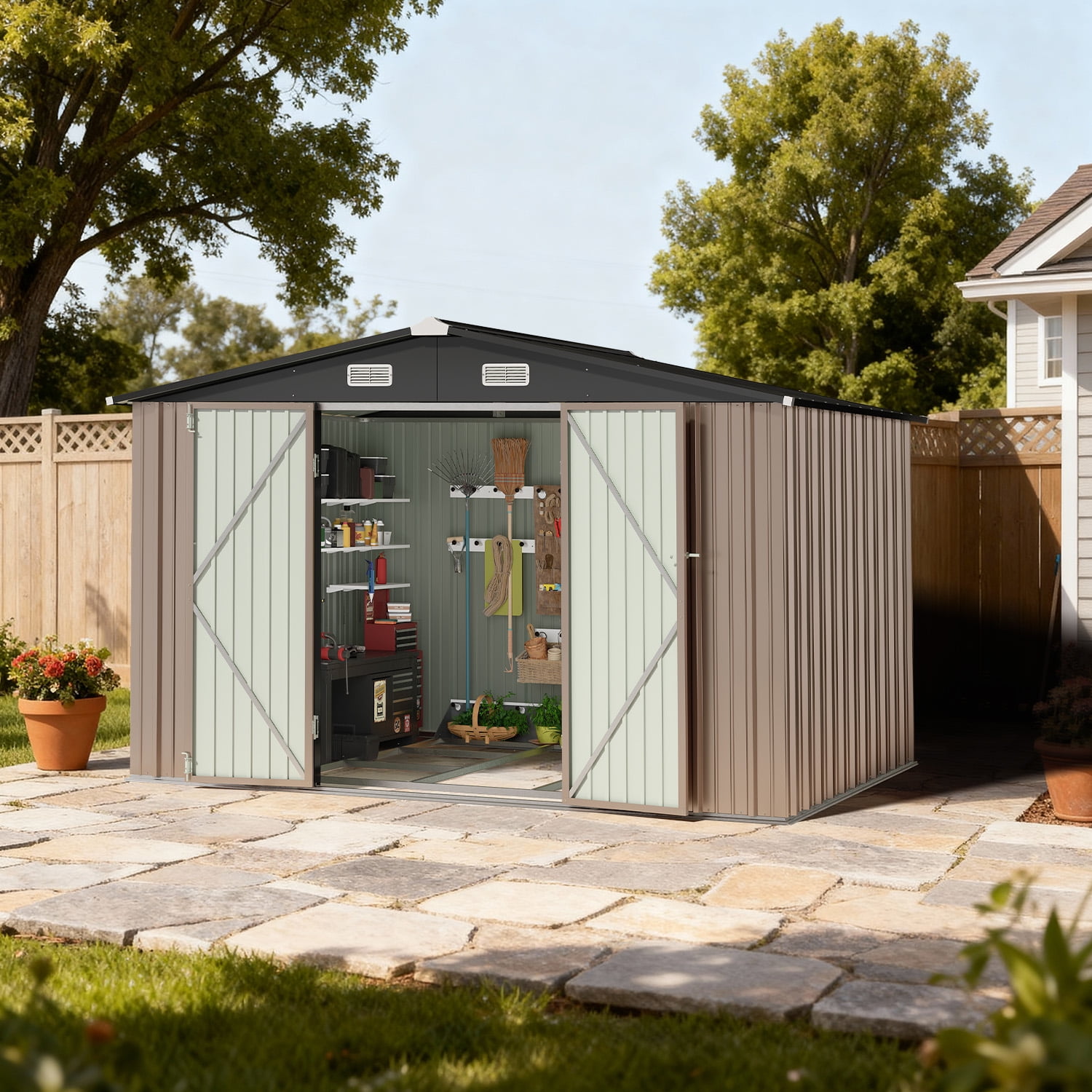 BaPiPro 10x8 ft Outdoor Metal Storage Shed with Base - Lockable Door & Waterproof, for Tools, Garden Equipment/Bikes, Brown