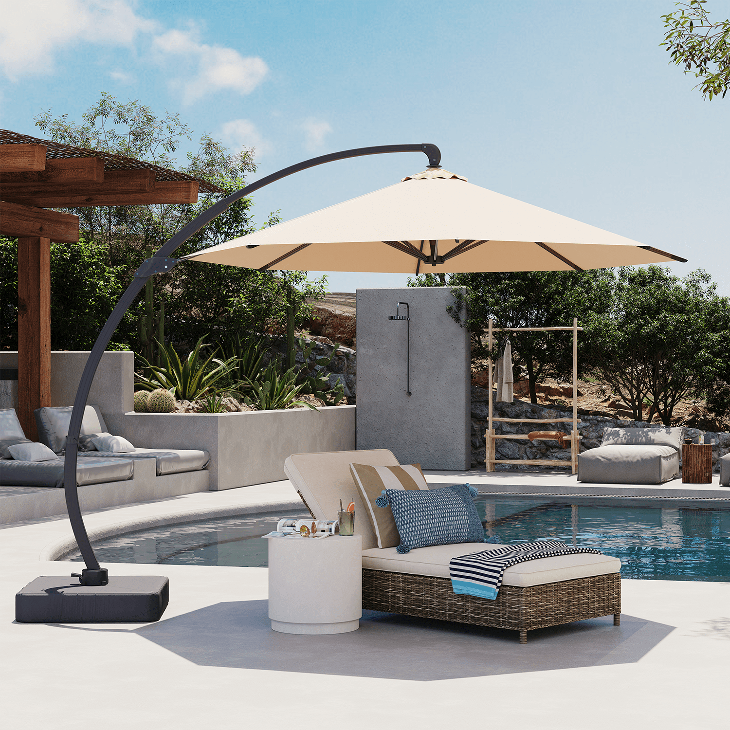 BaPiPro 11FT Offset Cantilever Patio Umbrella with Solar LED, 360° Rotation Tilt Adjust, UV Canopy Top Vent, Weighted Base Included, Beige Outdoor Sun Shade Backyard Pool Garden Deck