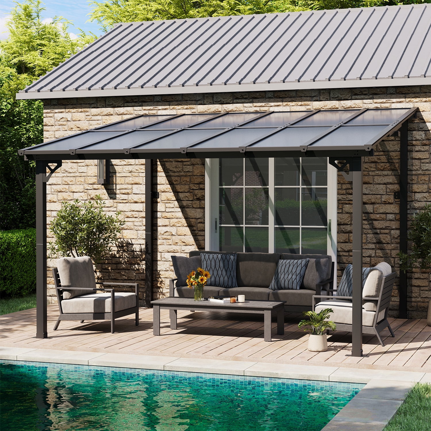 BaPiPro 12'x10' Hardtop Gazebo with Aluminum Frame & Polycarbonate Panel, Wall Mounted Gazebos Lean to Pergola, Outdoor Patio Grill Gazebo for Backyard, Garden, Deck